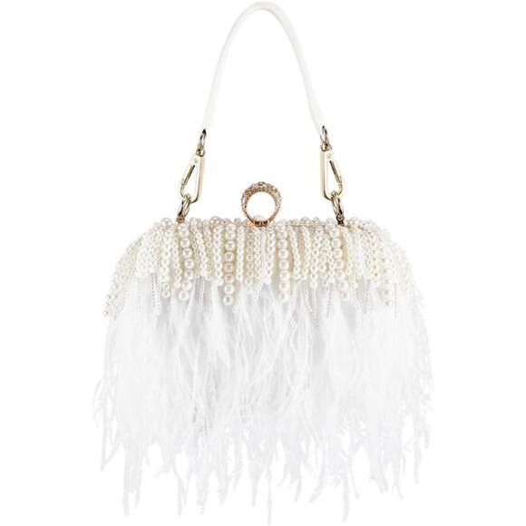 Women Ostrich Feather Tote Bag Fluffy White Pearl